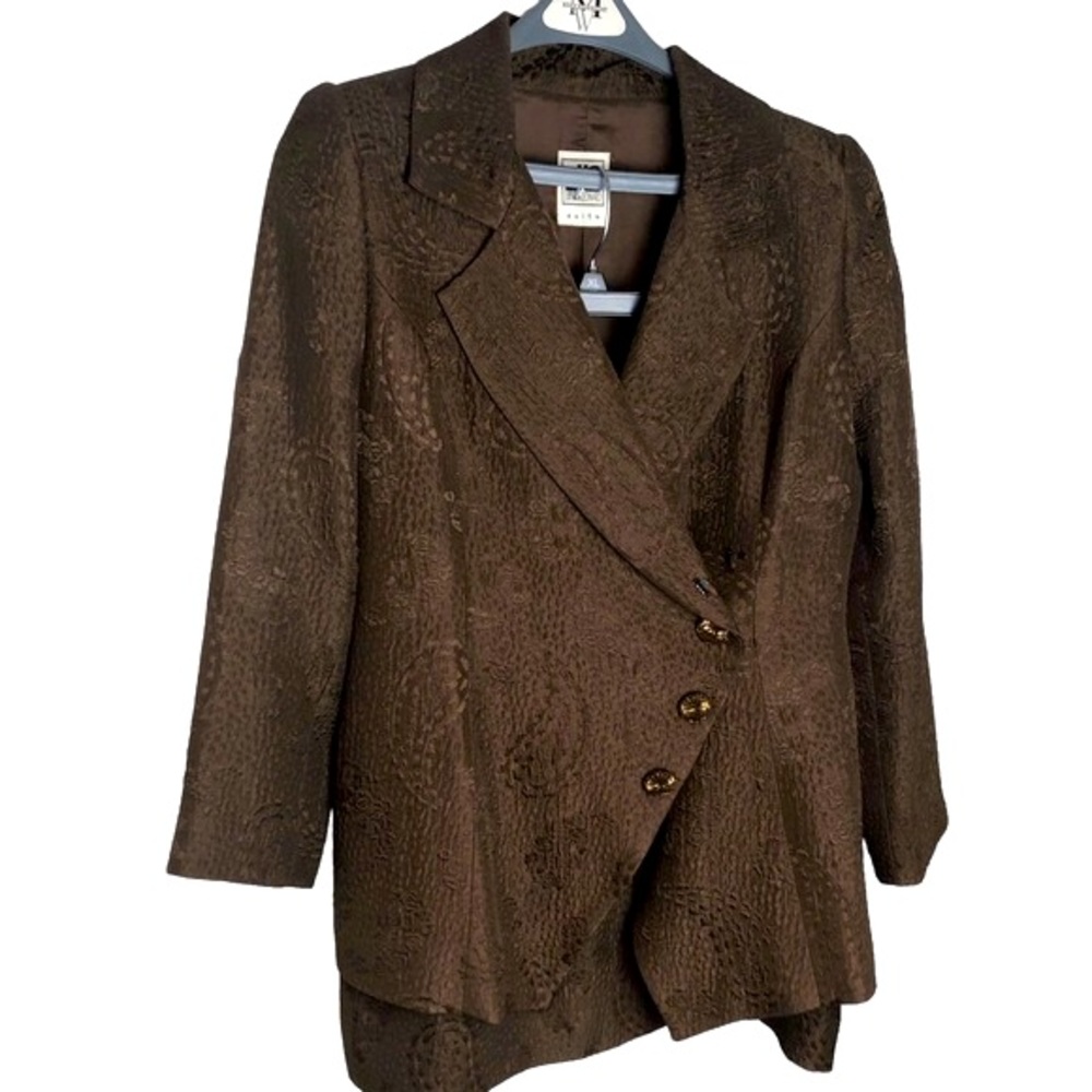 Julie and Leonard Suit Brown. JL Cocktail suit. Exquisite fabric and buttons